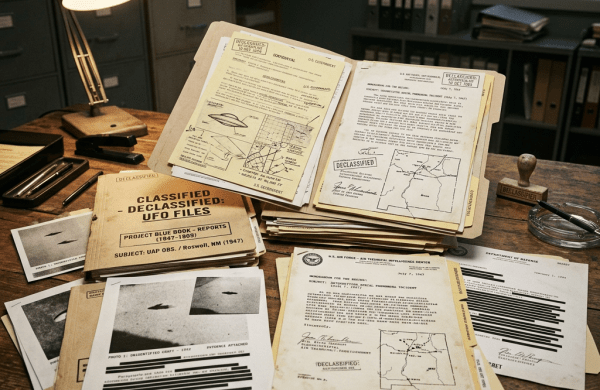 Folders and papers labeled declassified UFO files with diagrams and photographs on a wooden desk