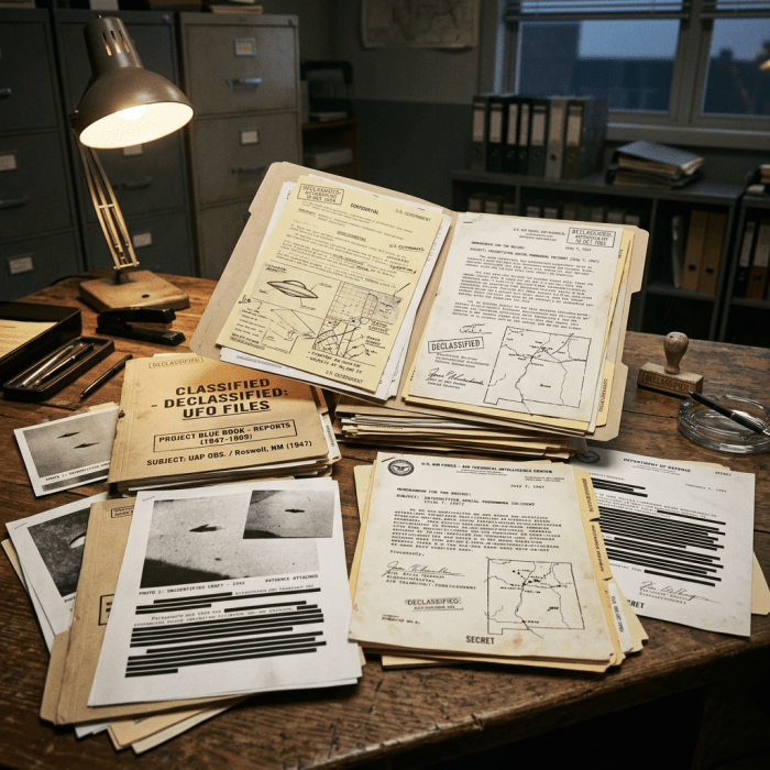 Folders and papers labeled declassified UFO files with diagrams and photographs on a wooden desk