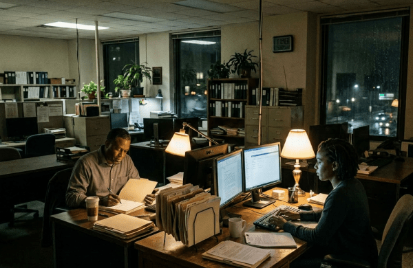 Two people working late in an office with desks, computers, documents, and desk lamps