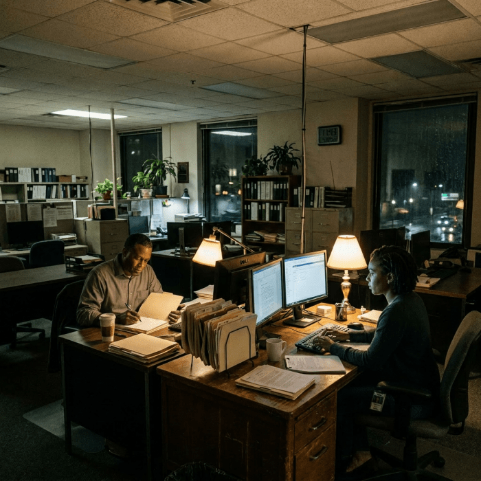 Two people working late in an office with desks, computers, documents, and desk lamps