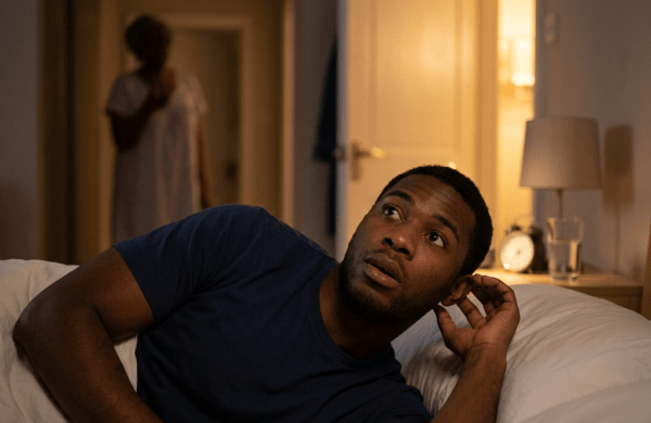 Black man in bed hearing mother's voice