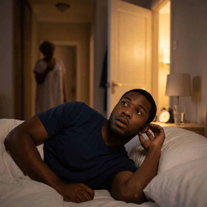 Black man in bed hearing mother's voice