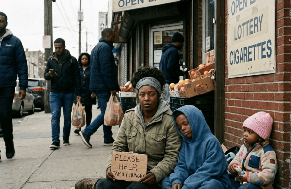 Woman and two children sitting on sidewalk with a sign reading 'Please help, family hungry' in front of grocery store