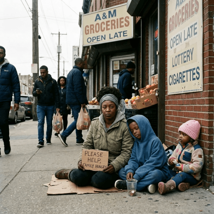 Woman and two children sitting on sidewalk with a sign reading 'Please help, family hungry' in front of grocery store