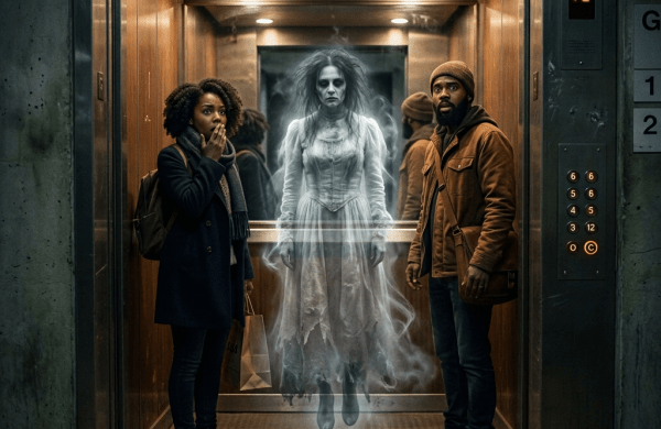 Two shocked people in elevator with floating ghostly woman in white dress