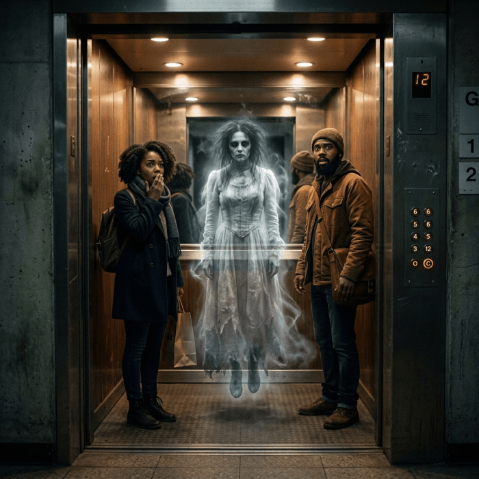 Two shocked people in elevator with floating ghostly woman in white dress
