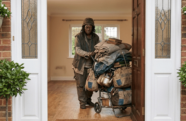 Woman carrying a box labeled 'Living Room' entering a brick house