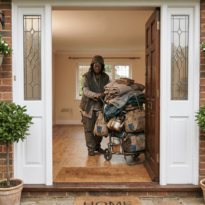 Woman carrying a box labeled 'Living Room' entering a brick house