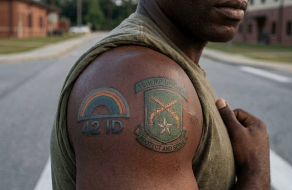 Servicemember's shoulder tattoos read “42ID,” “16TH MP BRIGADE,” and “PROTECT AND SERVE.”