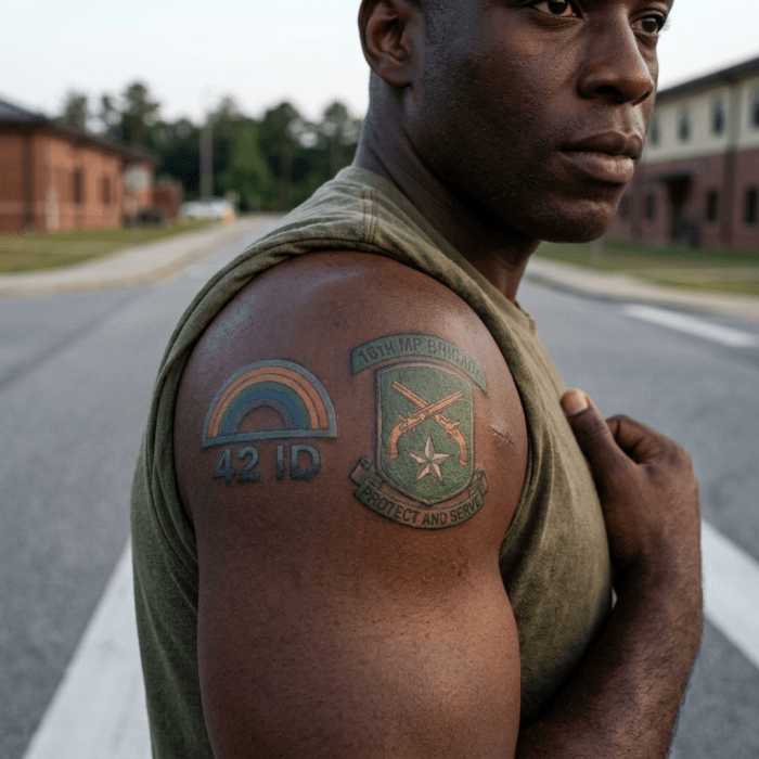 Servicemember's shoulder tattoos read “42ID,” “16TH MP BRIGADE,” and “PROTECT AND SERVE.”