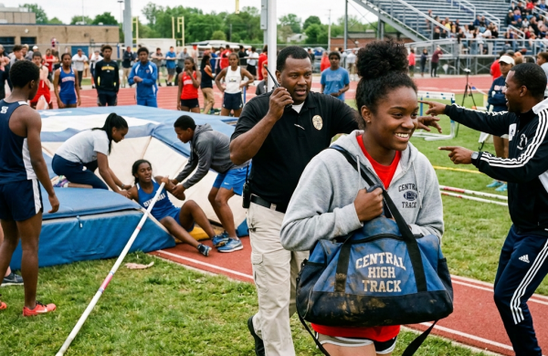 Athletes and officials gather beside a pole vault area at a regional track championship.
