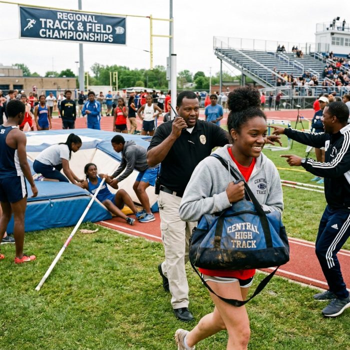 Athletes and officials gather beside a pole vault area at a regional track championship.