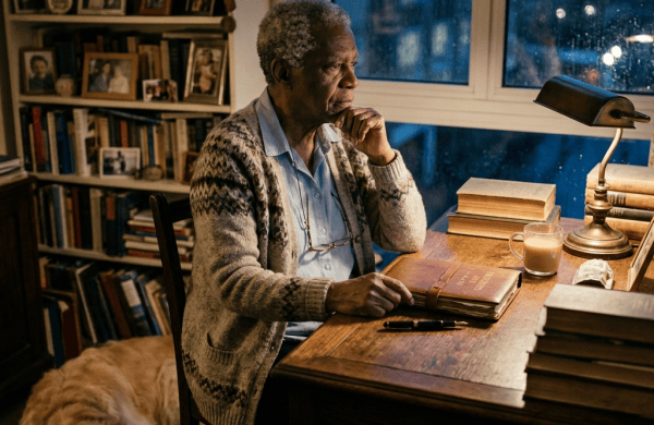 Older woman seated at desk with journal, books, lamp, and sleeping dog