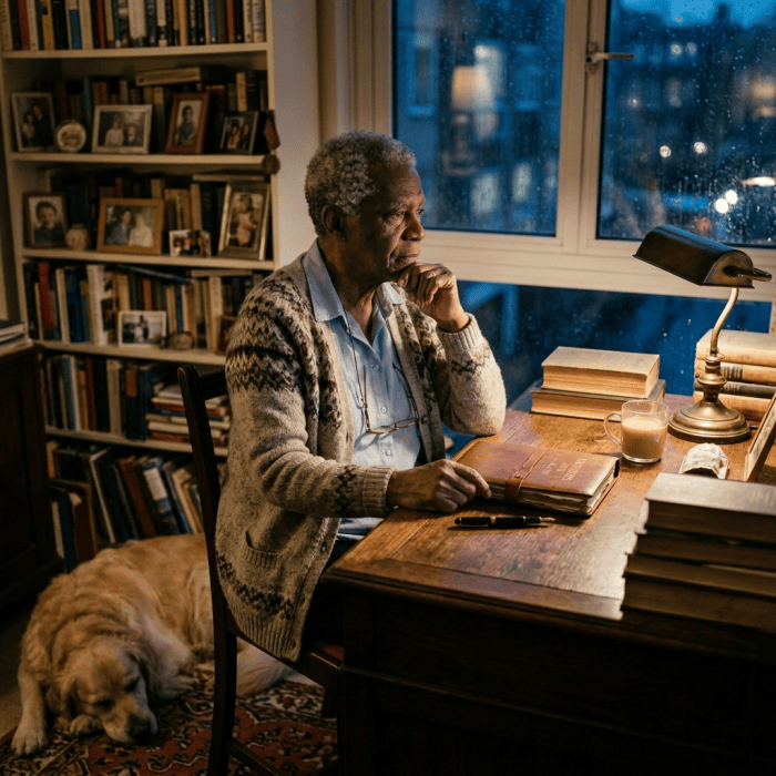 Older woman seated at desk with journal, books, lamp, and sleeping dog