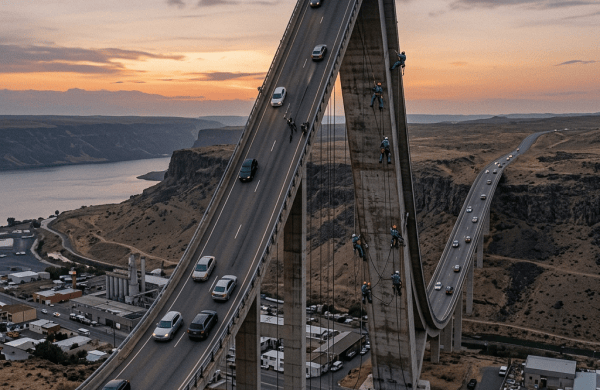 Surreal road bridge rising vertically and descending