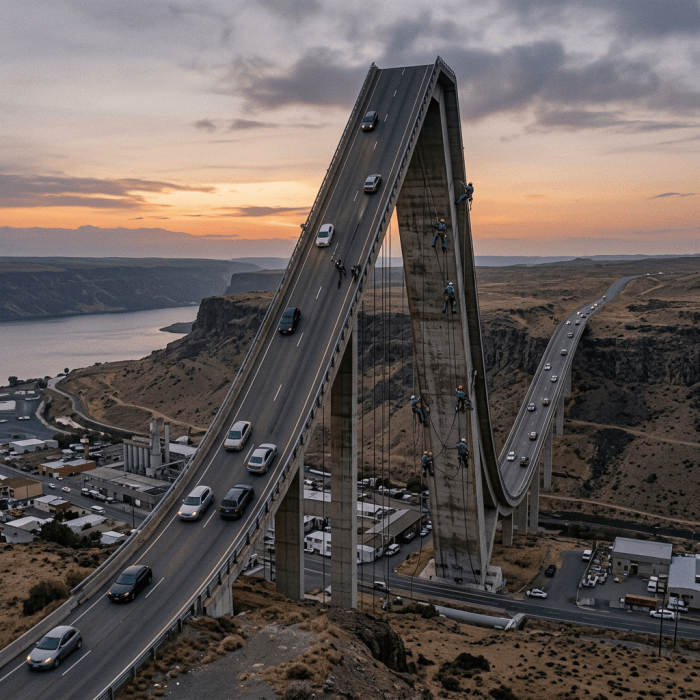 Surreal road bridge rising vertically and descending