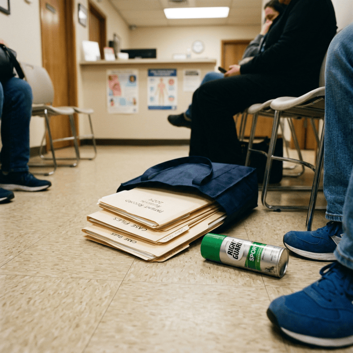 Clinic waiting room with tote bag, case files, and spray can on floor